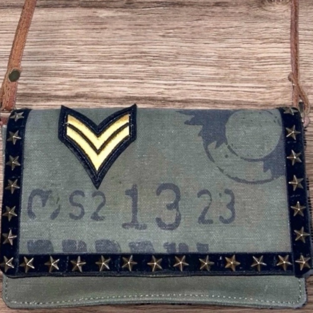 Mona B Rare Upcycled Military Canvas Crossbody Studded Flap Bag